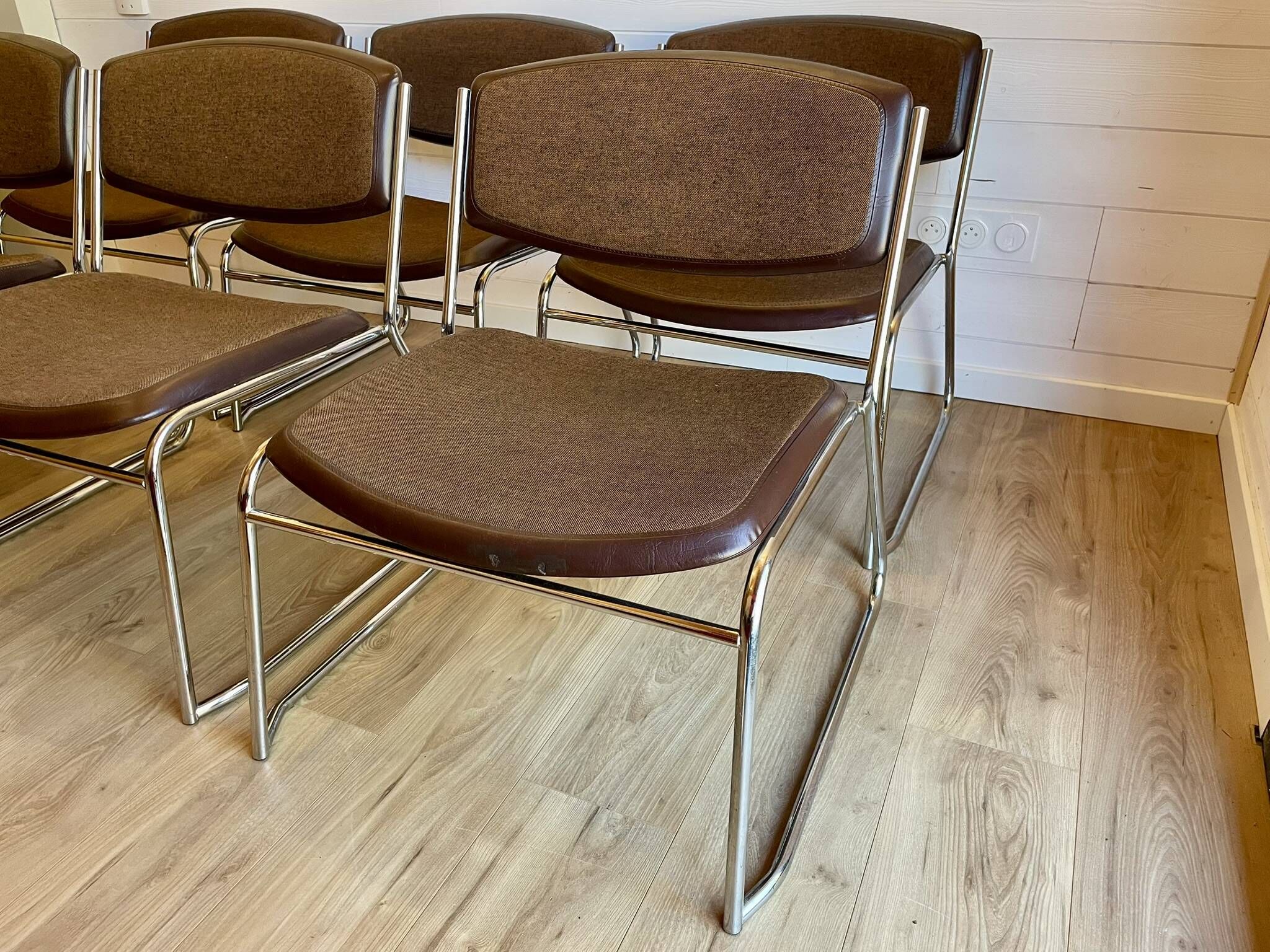 6 chrome sled armchairs Soudexvinyl brown vintage Skaï 70s