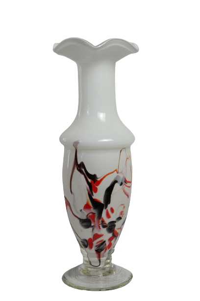 Corolla vase in white opaline with orange-brown patterns.