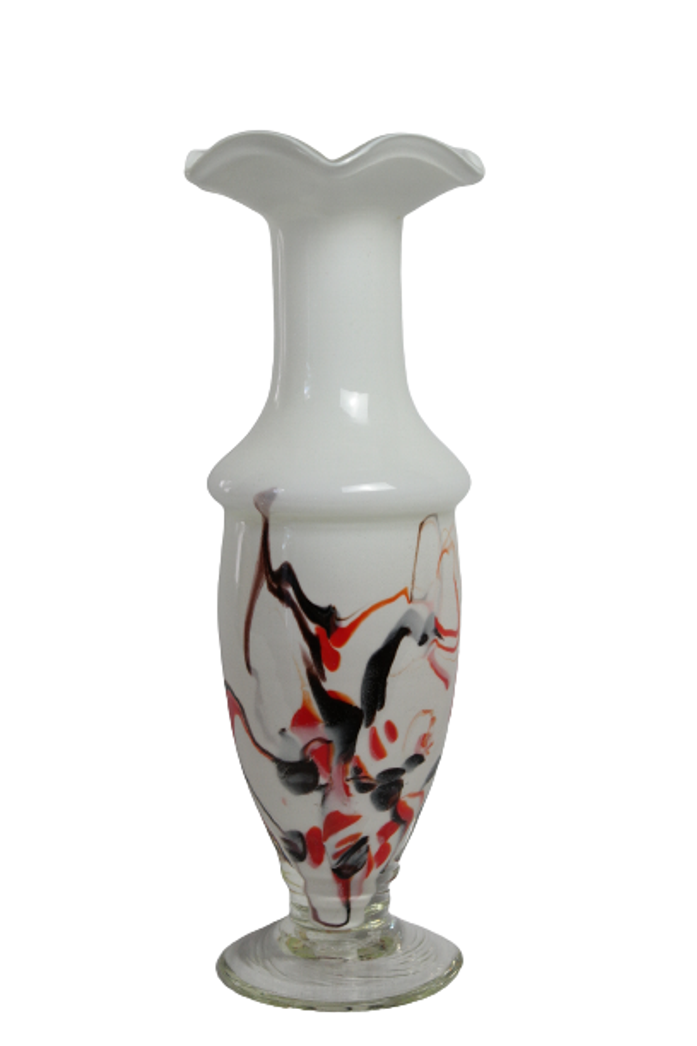 Corolla vase in white opaline with orange-brown patterns.