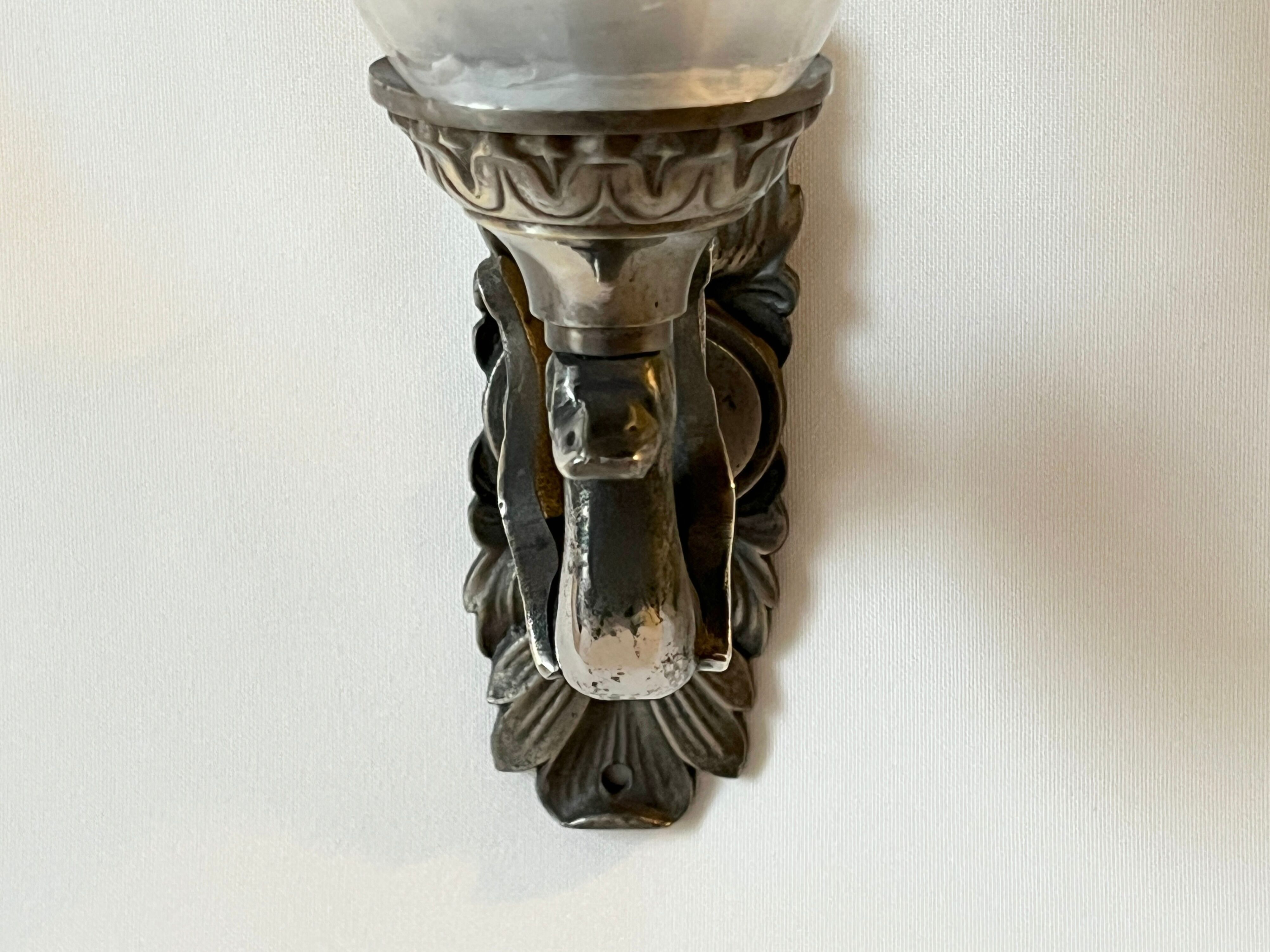 Applique Empire en bronze argent triton cygne et tulipe en pâte de verre italienne 1900 art déco