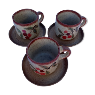 Set de 3 tasses et assiettes en Grès peint