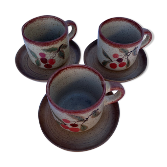 Set of 3 cups and plates in painted sandstone