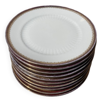 10 dessert plates in golden white and burgundy red porcelain