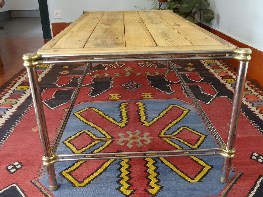 Gold, chrome metal coffee table and natural wood 120 x 60 cm