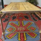Gold, chrome metal coffee table and natural wood 120 x 60 cm