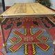 Gold, chrome metal coffee table and natural wood 120 x 60 cm