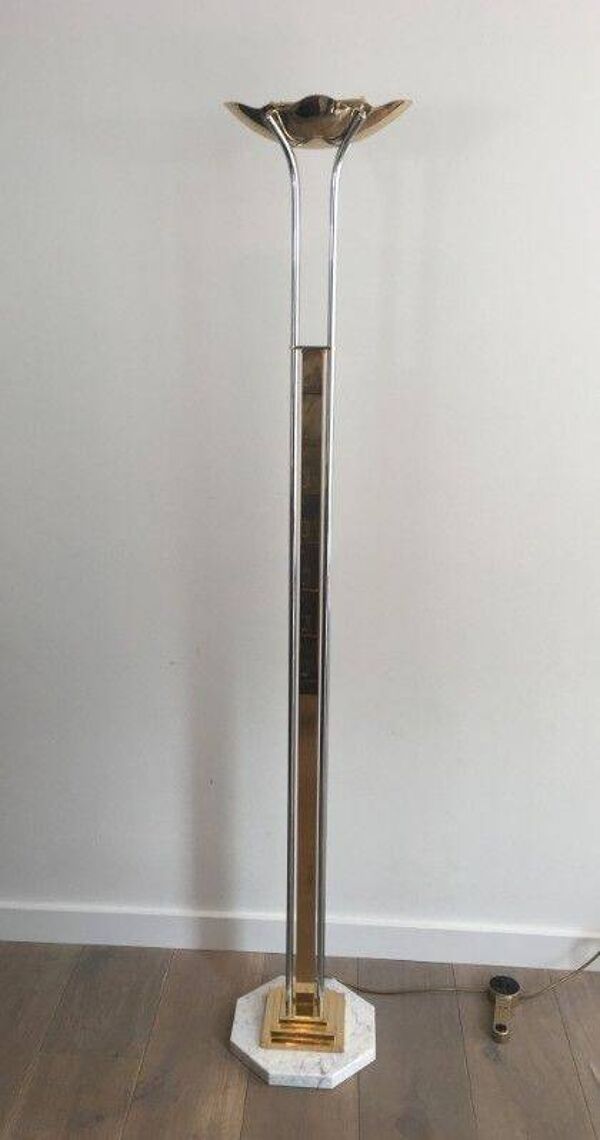 Lampadaire de parquet en chrome, laiton et marbre