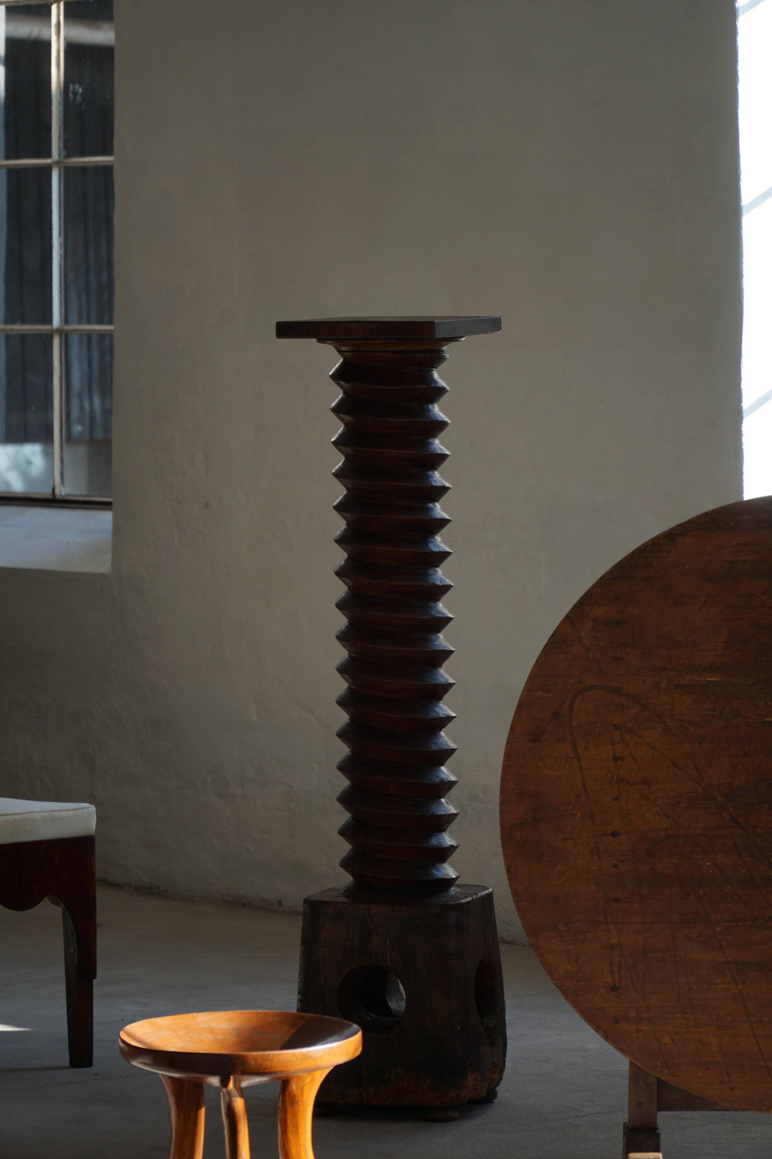 19th-century sculptural French wine press in solid wood / pedestal