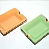 Pair of vintage ashtrays in glazed ceramic and golden orange and green