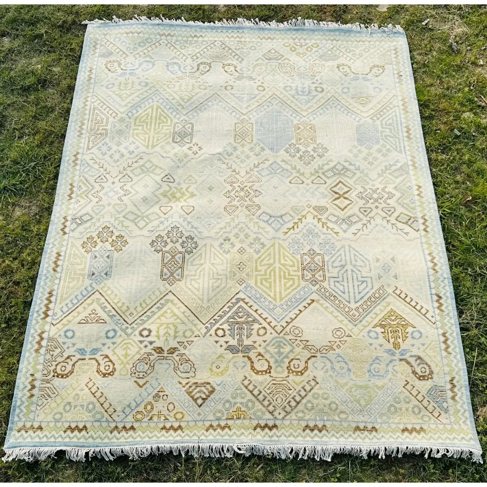 Decorative Oushak Wool Area Rug with Geometric Design. Hand-knotted Beige Carpet