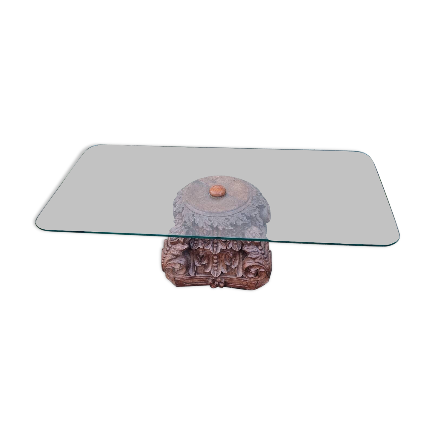 Coffee table with carved wooden base from India, glass top