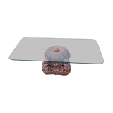 Coffee table with carved wooden base from India, glass top