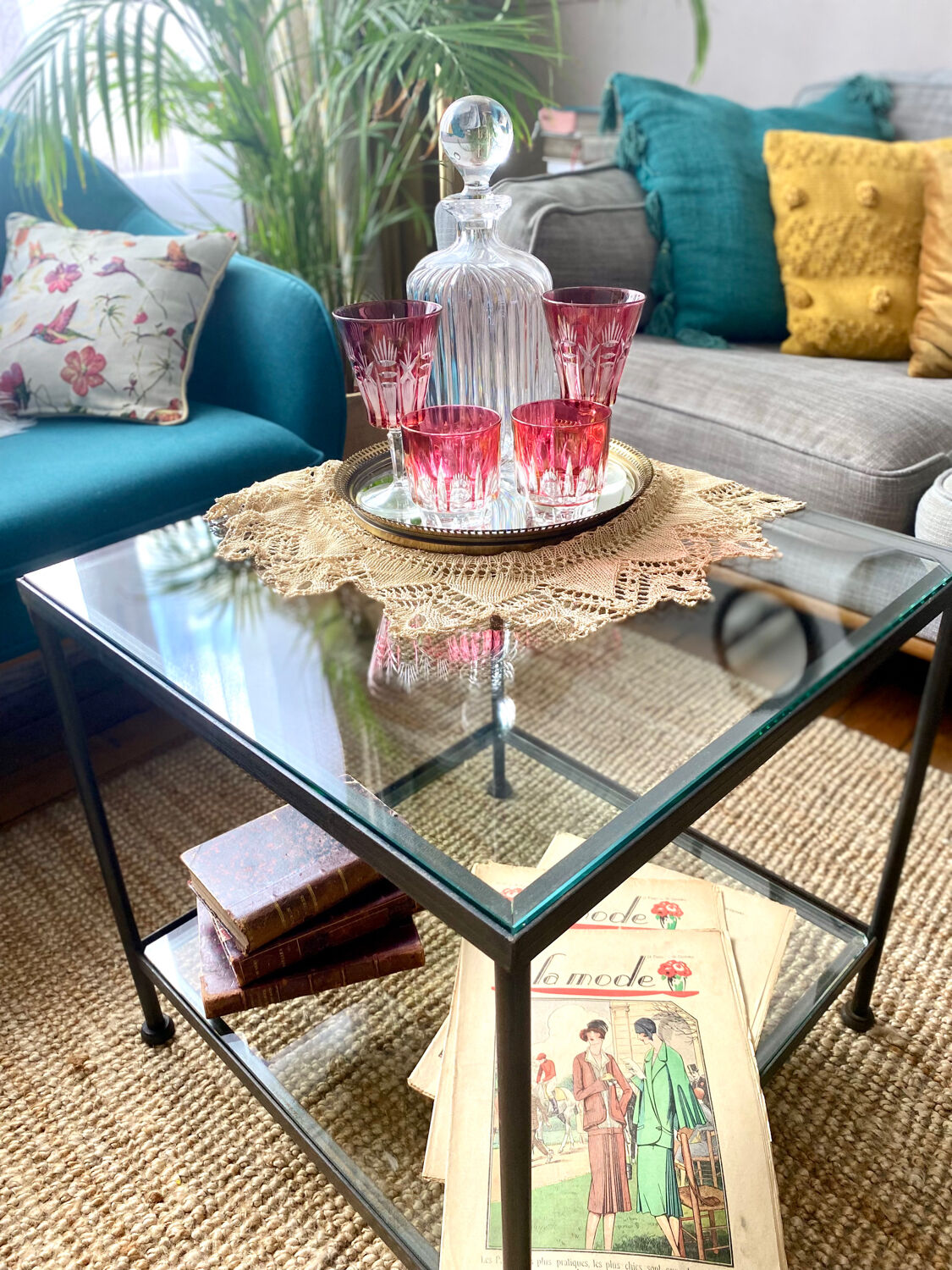 Glass and wrought iron coffee table design