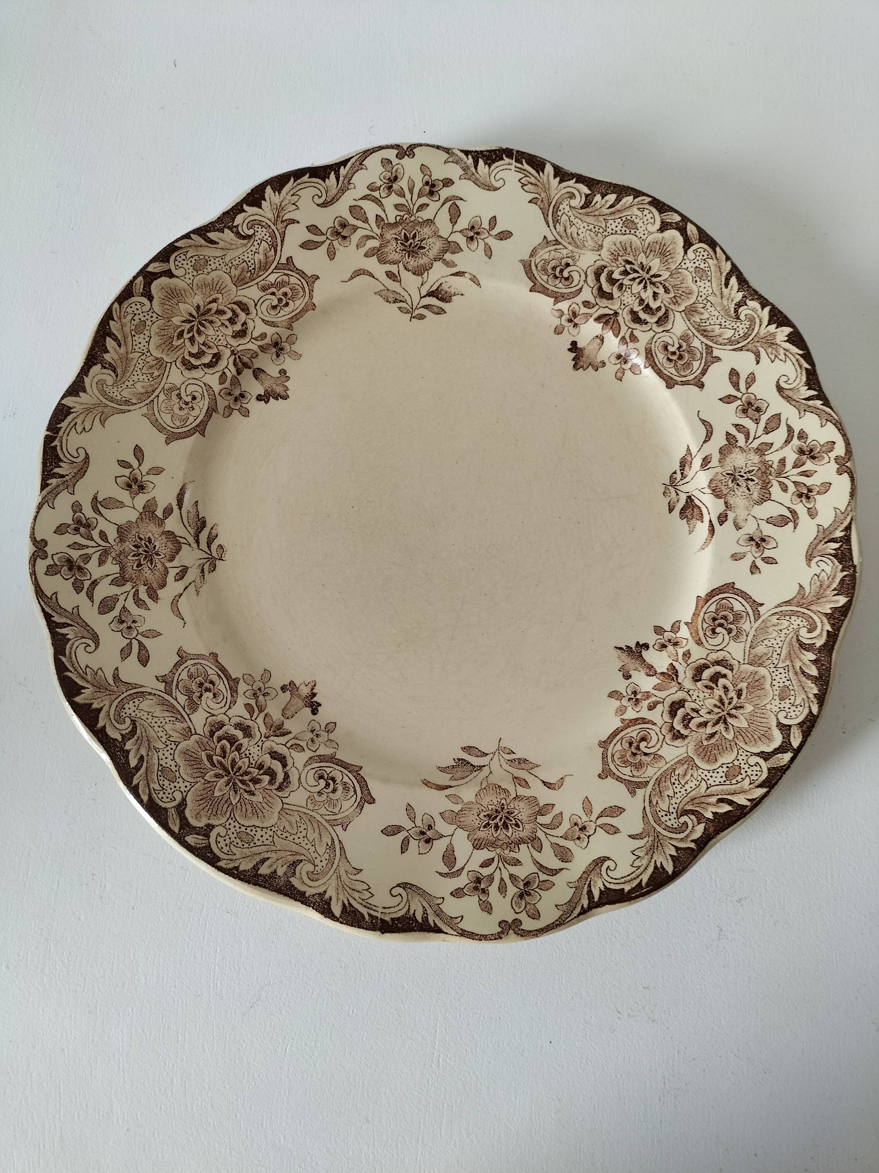 Antique earthenware plate – brown floral decoration – late 19th, early 20th century