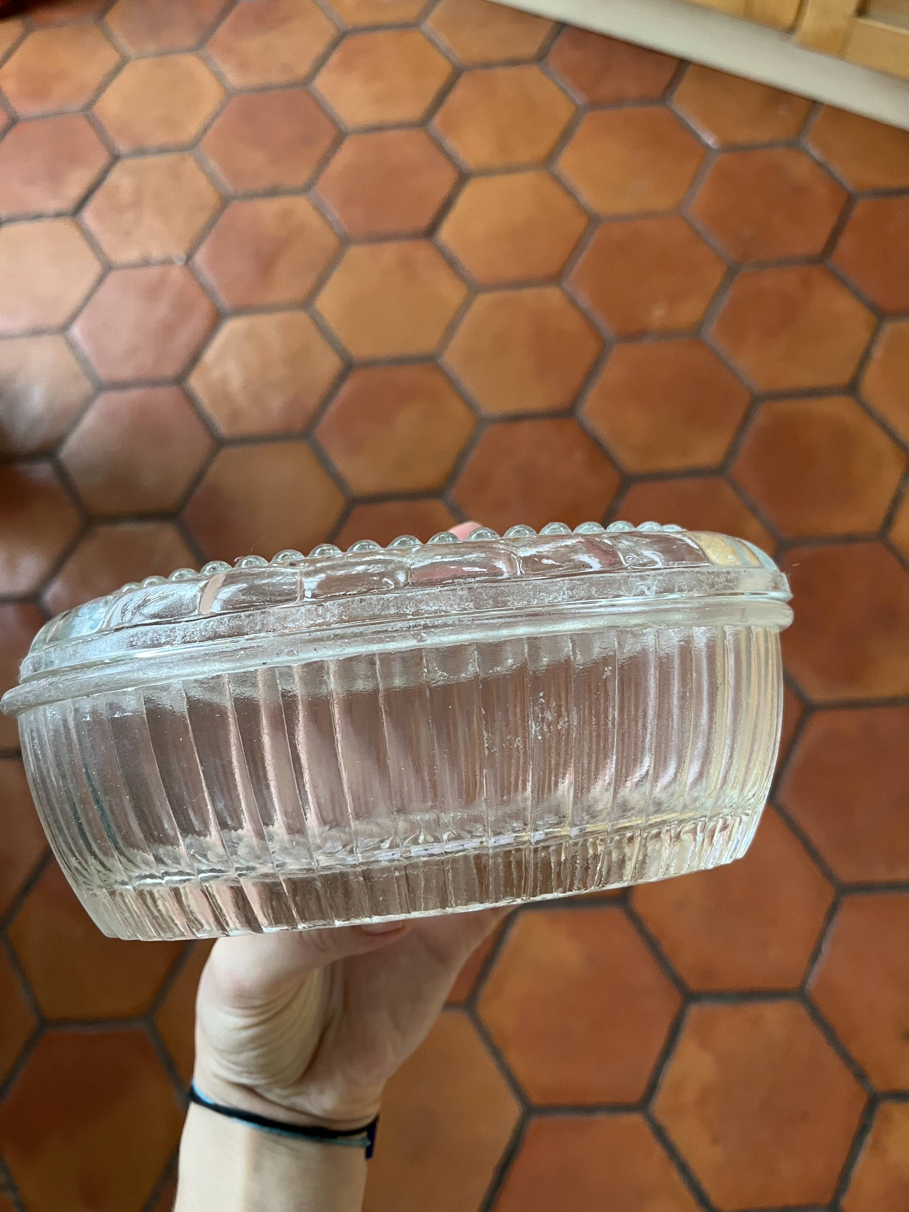 Glass butter dish with cow pattern