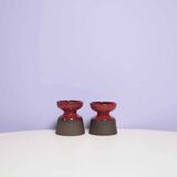 set x2 brown & red stoneware candlestick