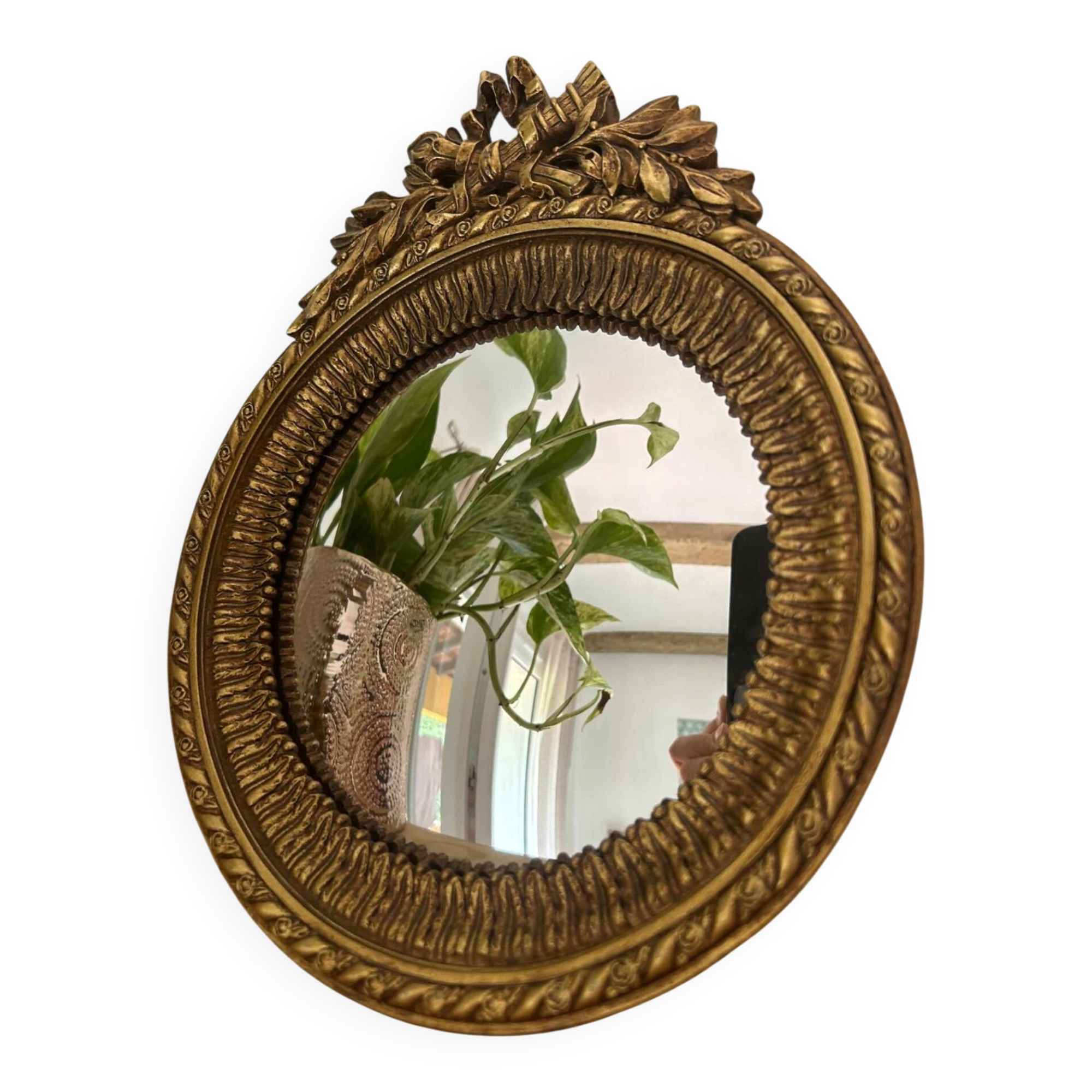 Round golden convex mirror with mouldings - witch's mirror