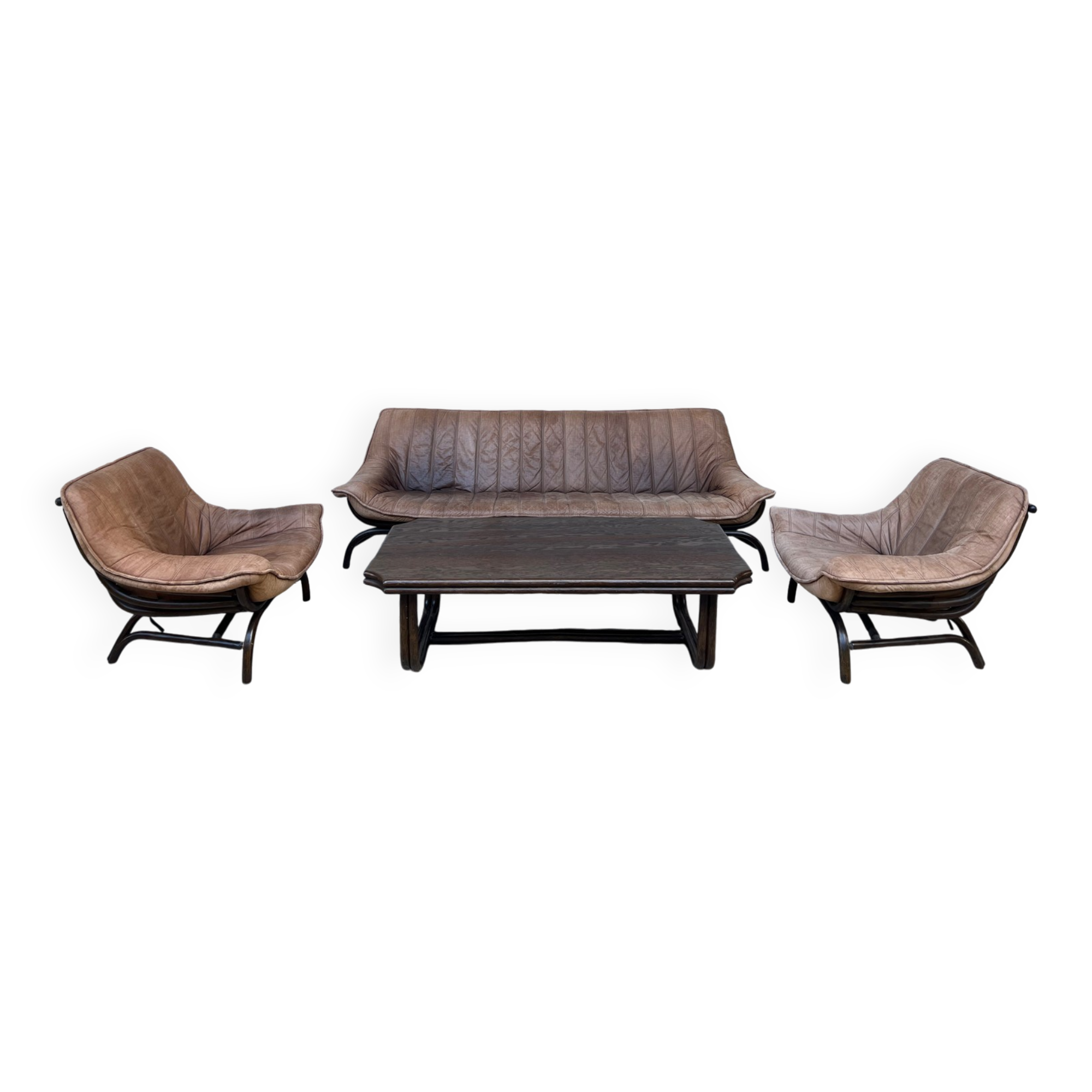 Sofa set with 2 armchairs and coffee table in banbou and leather 1970