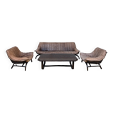 Sofa set with 2 armchairs and coffee table in banbou and leather 1970