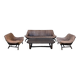 Ensemble canapé 2 fauteuils et table basse en banbou et cuir 1970