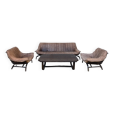 Ensemble canapé 2 fauteuils et table basse en banbou et cuir 1970