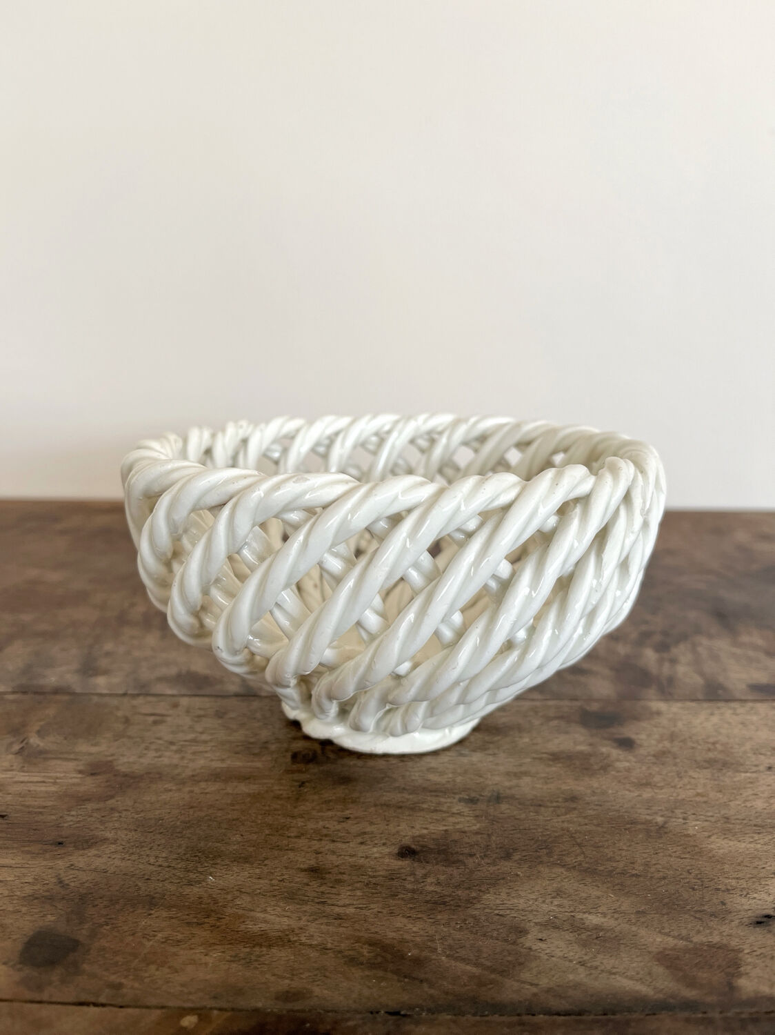 Small vintage white woven ceramic basket