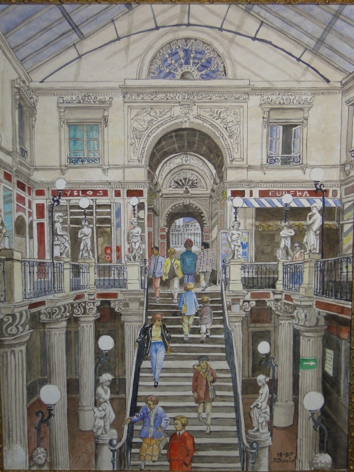 Aquarelle sur papier 1995 signe R. Daniel intérieur du passage Pommeraye