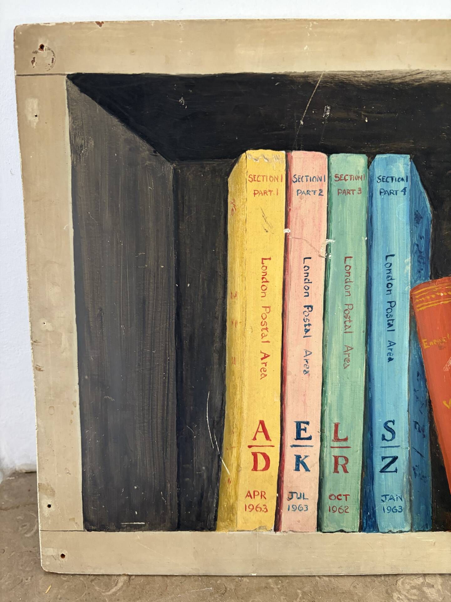 “The Bookshelf” London shelves by R Steed, oil on panel