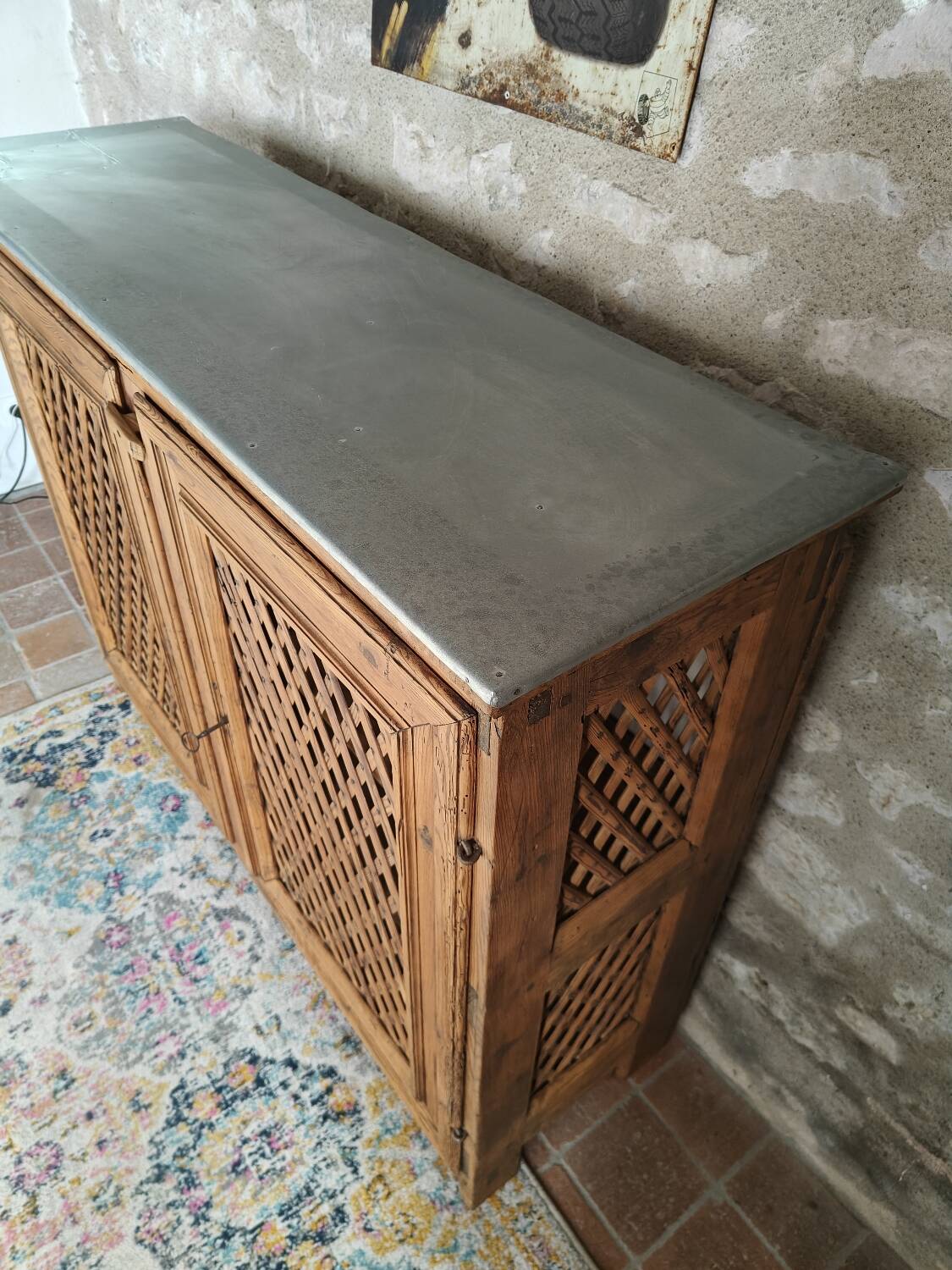 Antique solid pine sideboard with zinc top.