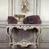 Console de style Louis XV patine beige, marbre de Carrare vers 1880