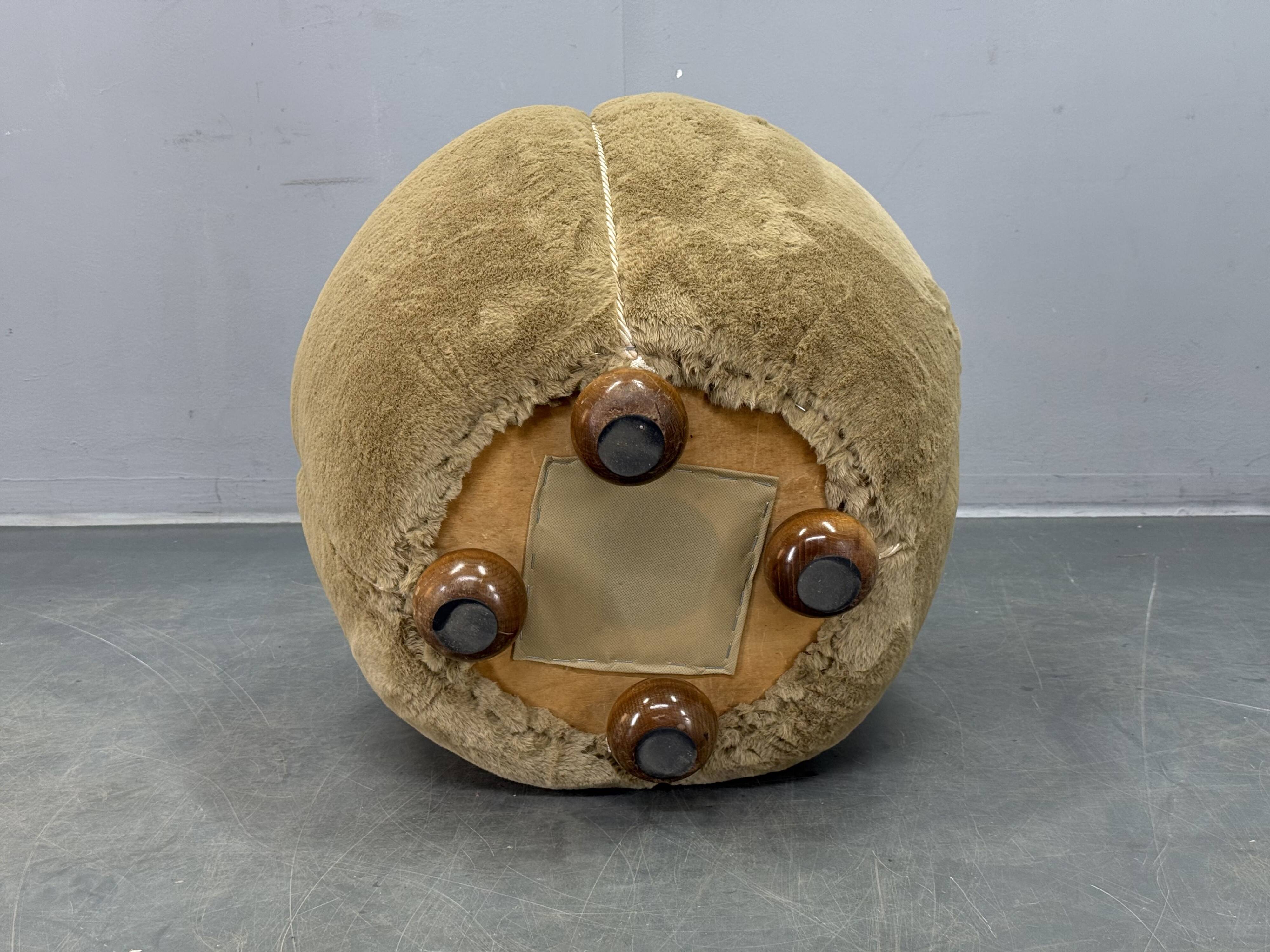 1940s Czech Art Deco Round Stool with Faux Rabbit Upholstery