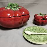Vintage soup tureen + Trompe l'oeil sauce boat, majolica tomato shape