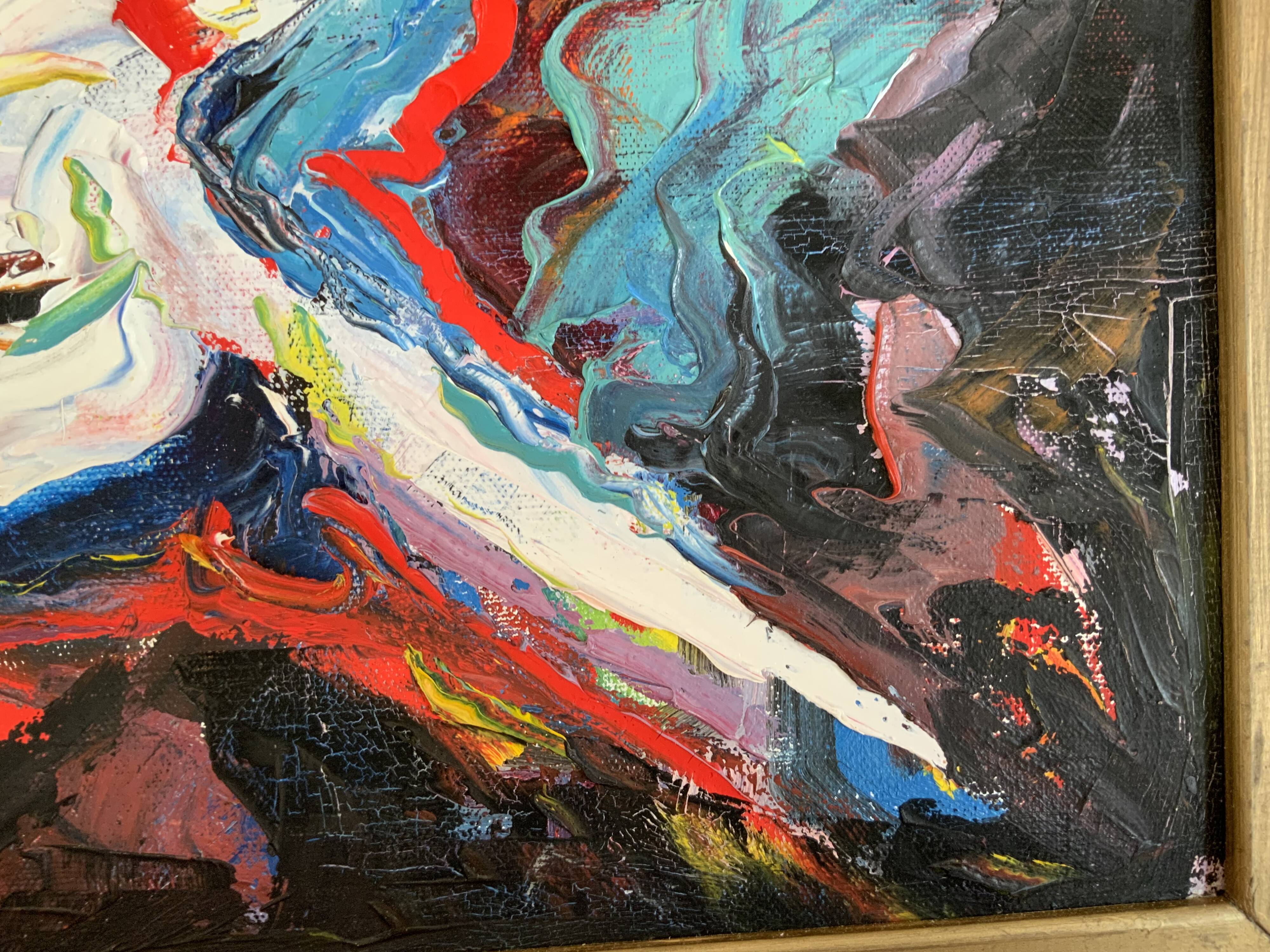 Petite peinture abstraite vintage de paysage, signée Axel, années 1970.