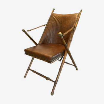 Faux bamboo and brass leather folding campaign chair,England ca 1920