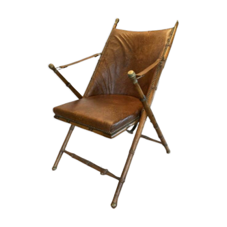 Faux bamboo and brass leather folding campaign chair,England ca 1920