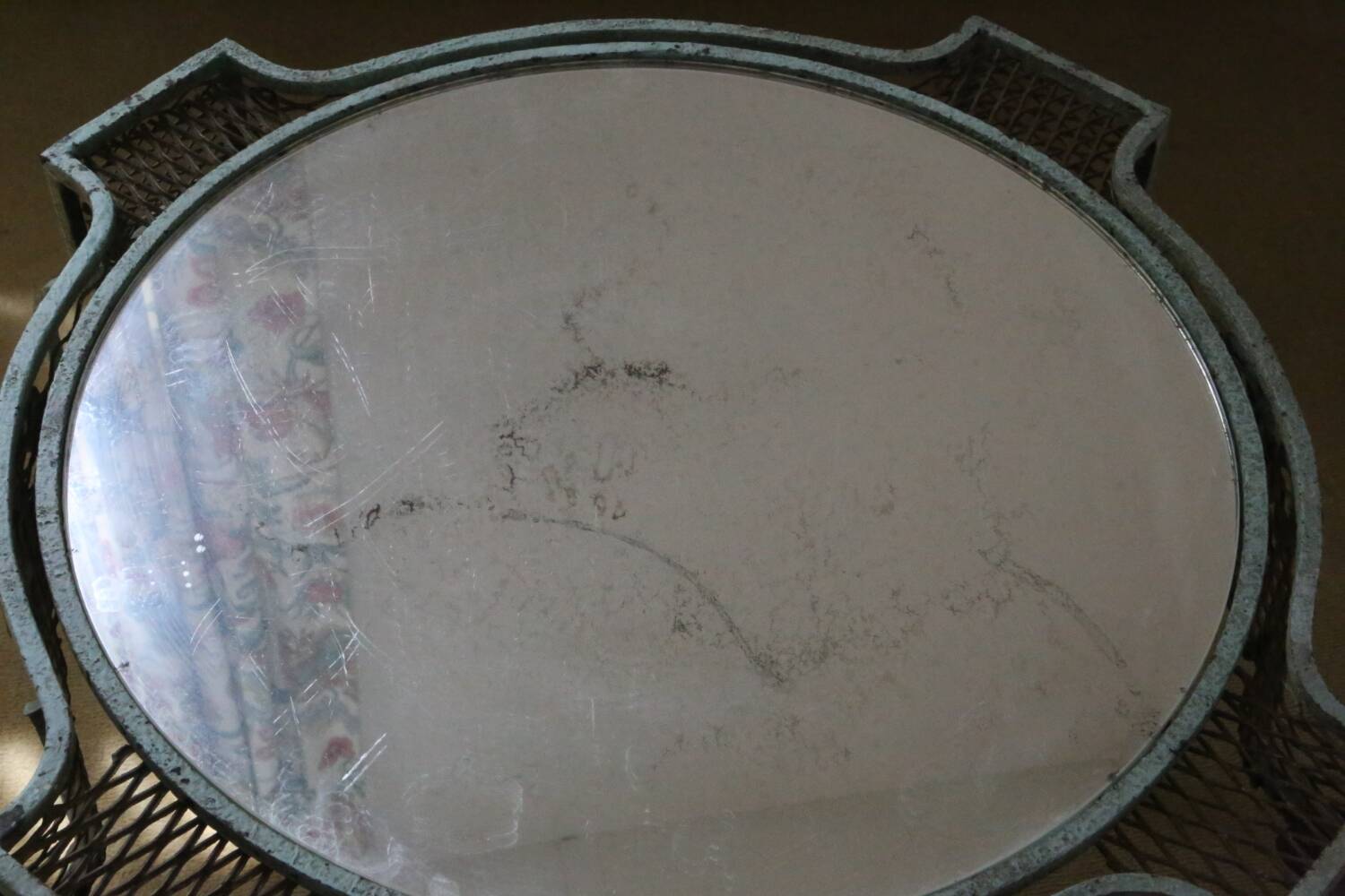 Wrought iron pedestal table mirror top 1930