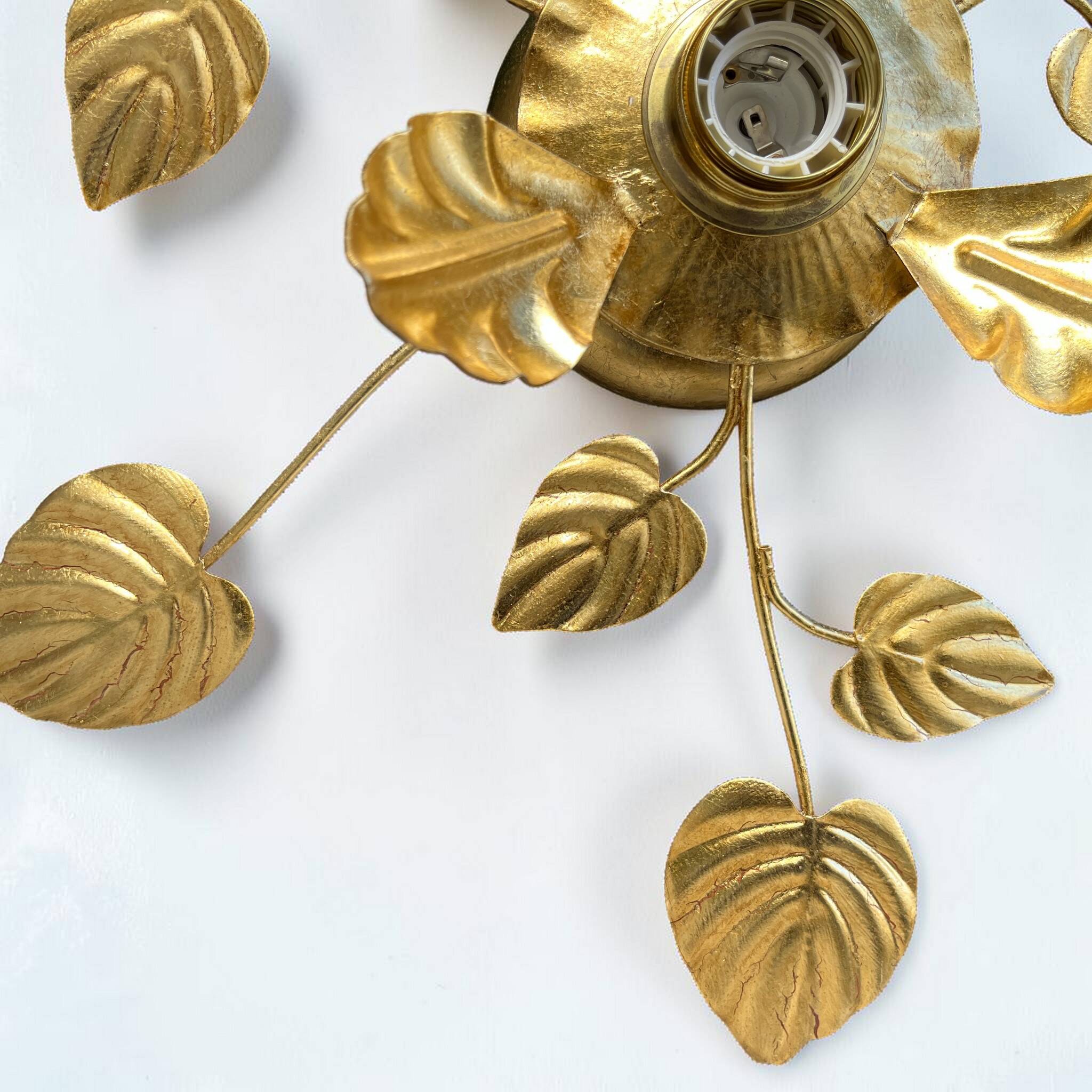Vintage 1970s - 80s gold leaf metal flower wall light