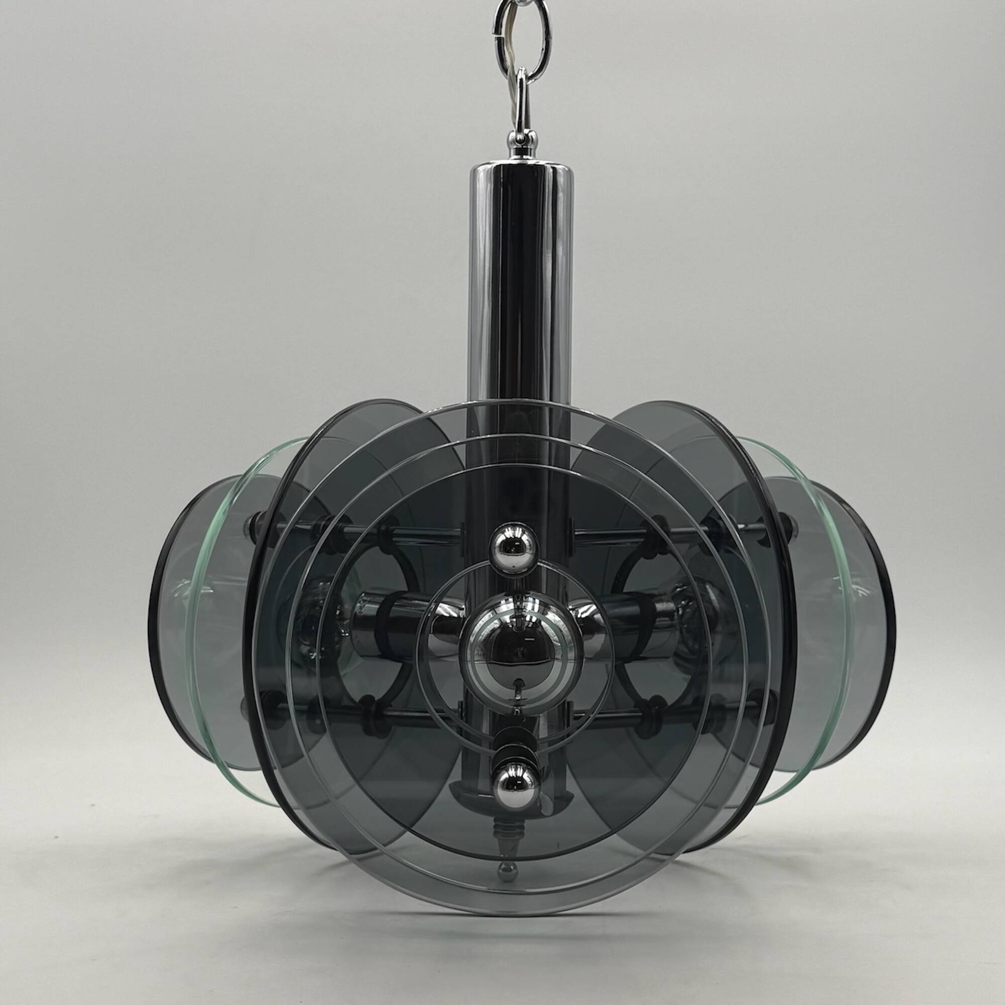 Large Space Age Pendant Lamp VECA in Chrome Metal and Glass, 1970s