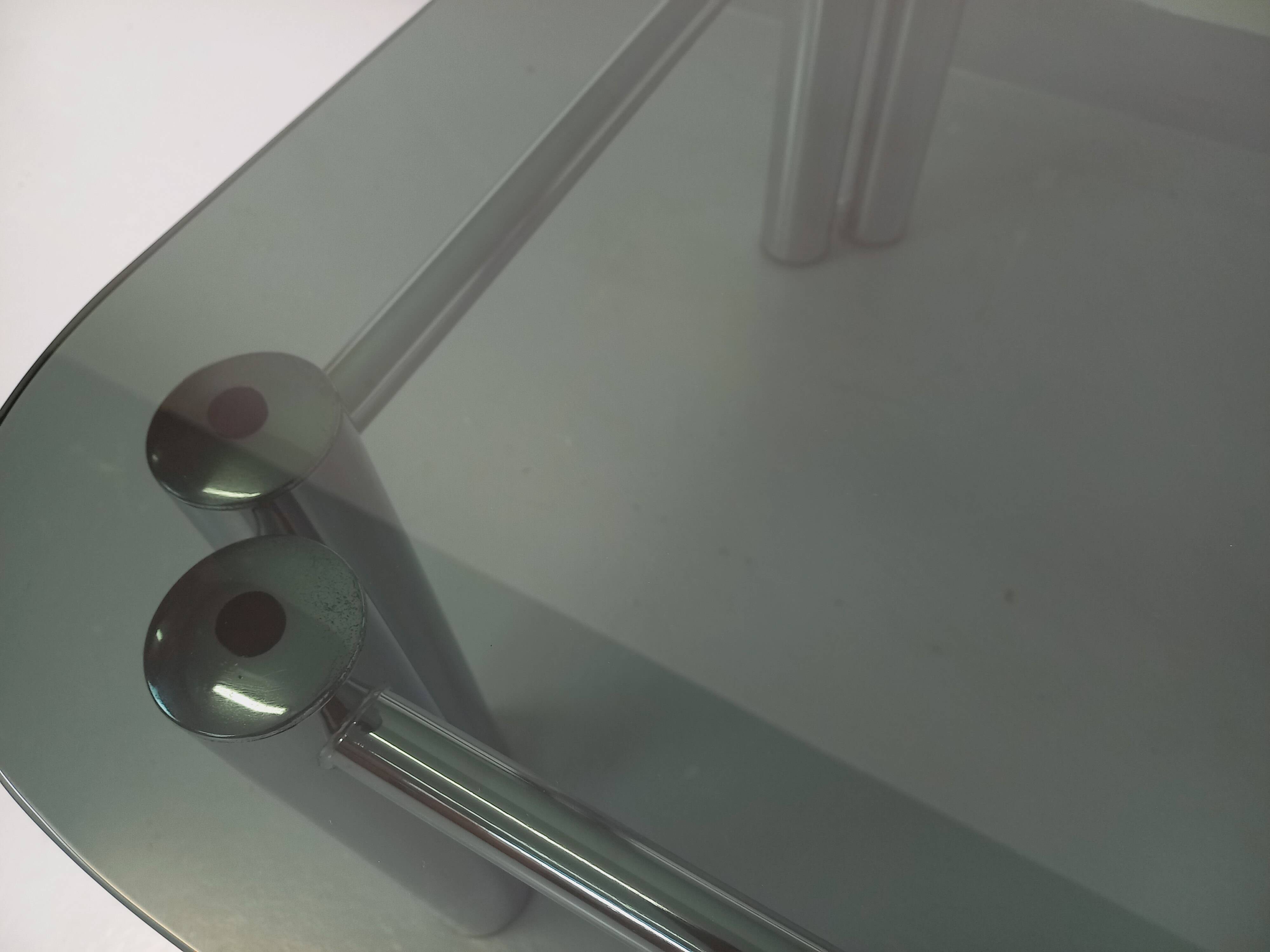 Vintage Italian Space Age square coffee table in smoked glass and chrome metal