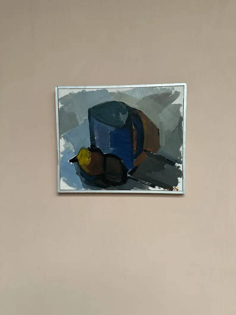 Original Swedish Oil on Canvas – “Blue Jug” by Stig Delang – Signed – Vintage & Framed
