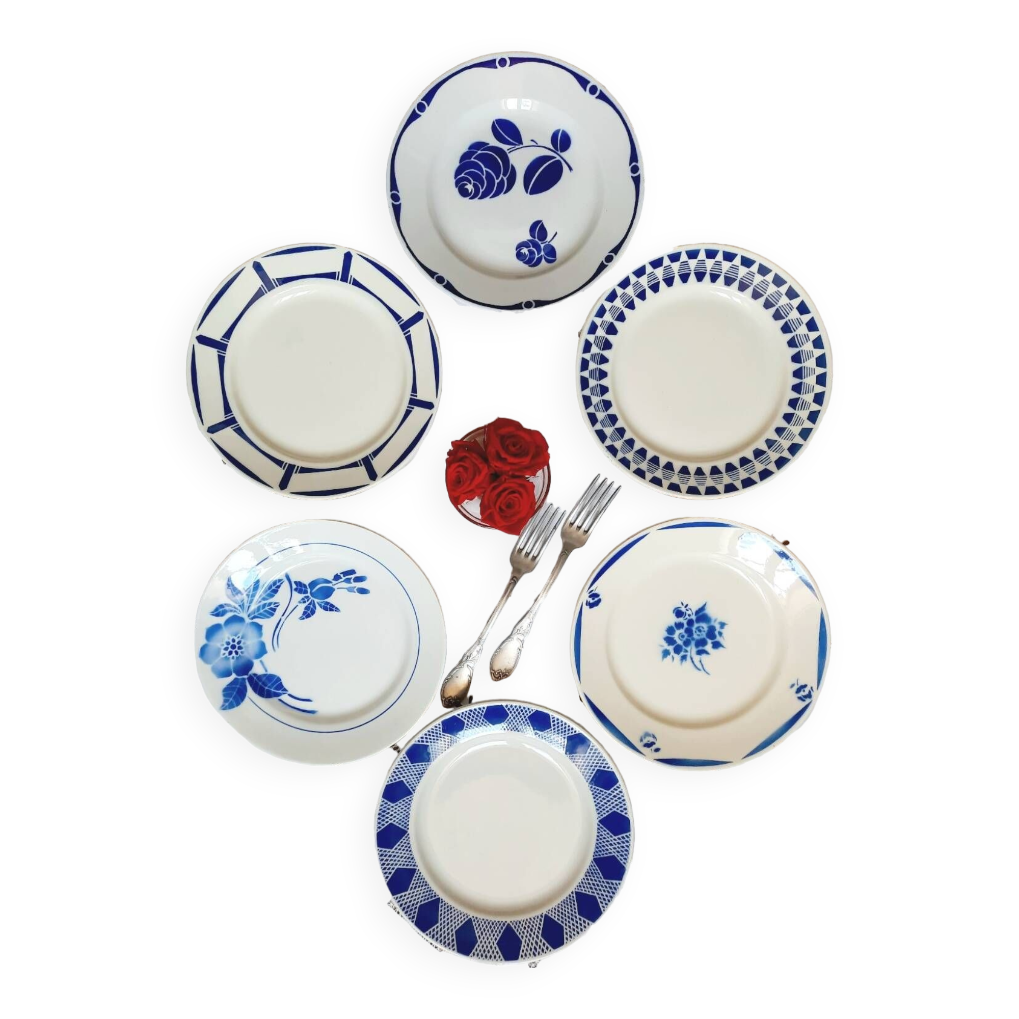 Old mismatched earthenware dinner plates