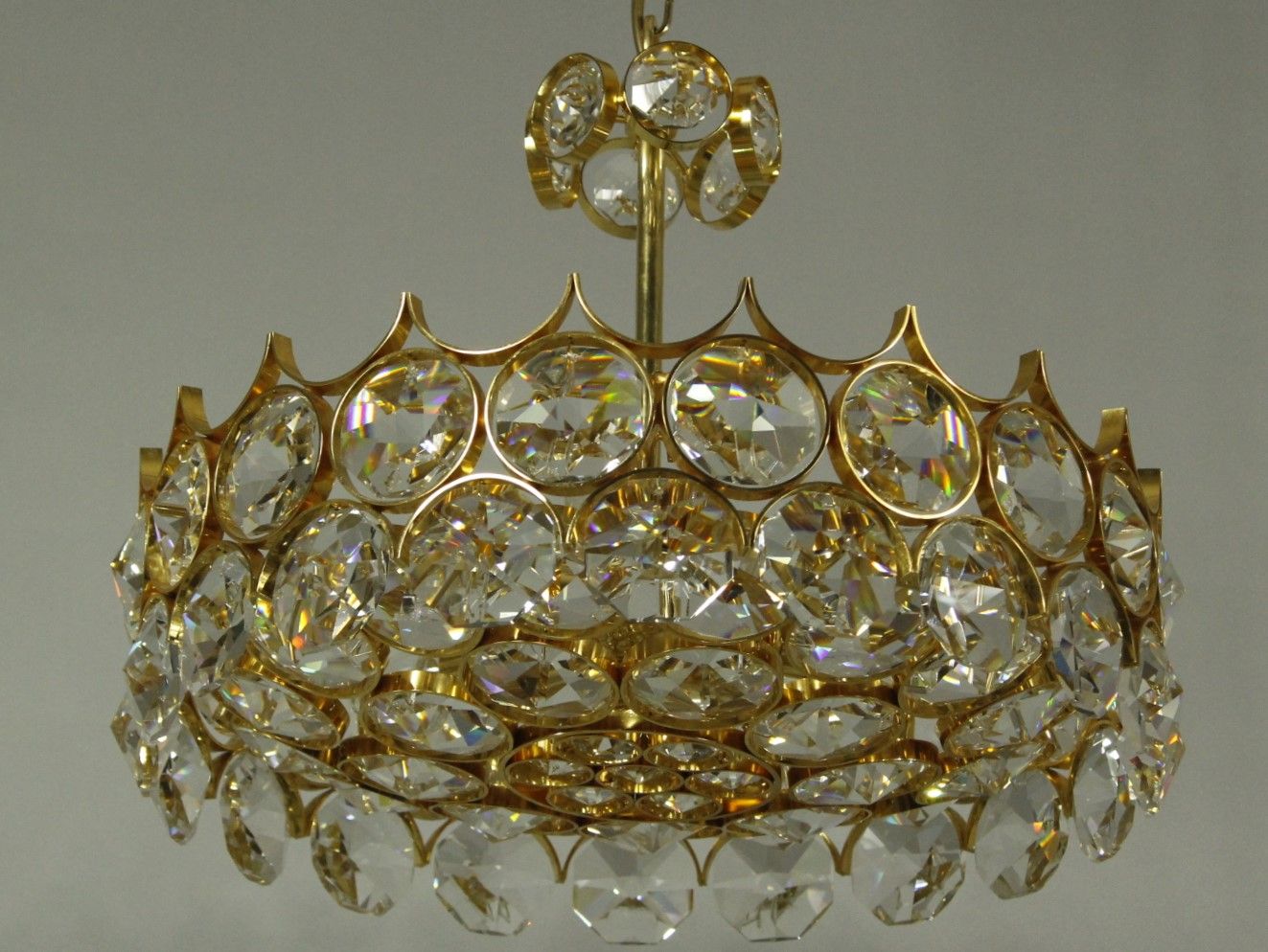 1970s Palwa Chandelier, gold plate and faceted crystals