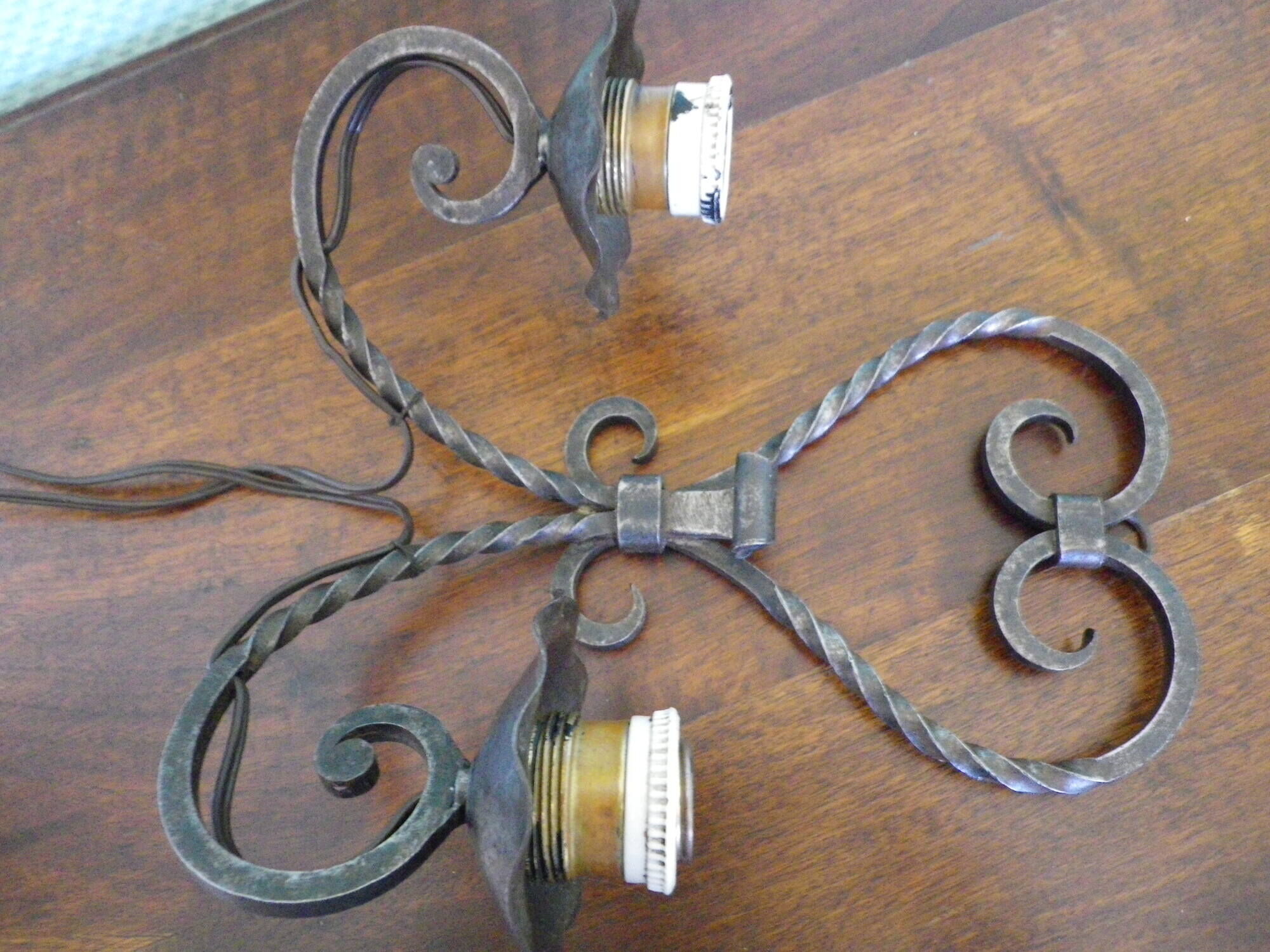 Real wrought iron wall sconce assembled and uns welded, porcelain and brass sleeves -1930/40