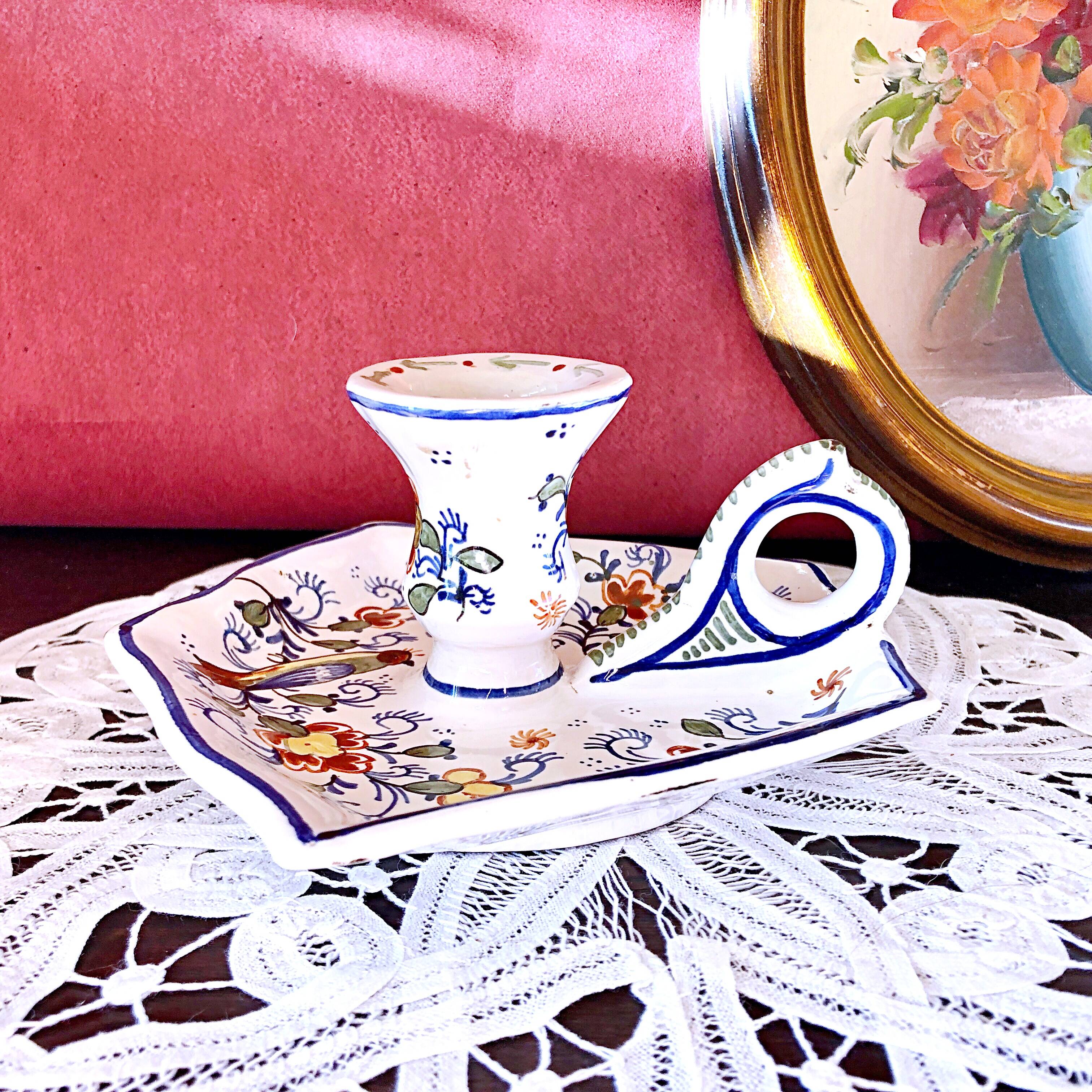 Handcrafted enameled ceramic candle holder signed vintage Rouen style decor