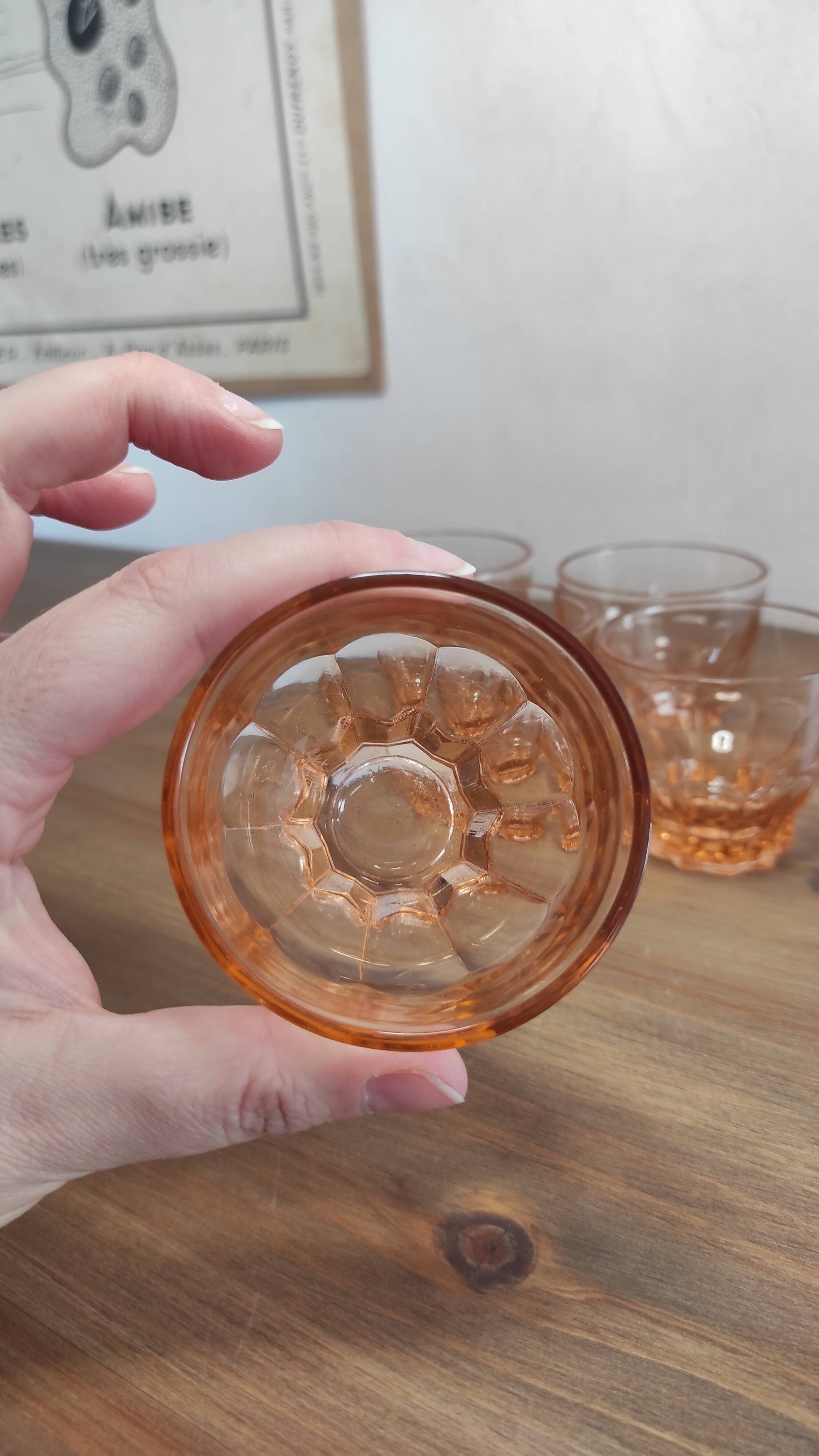 Set of 6 vintage Rosaline liqueur glasses in translucent pink glass