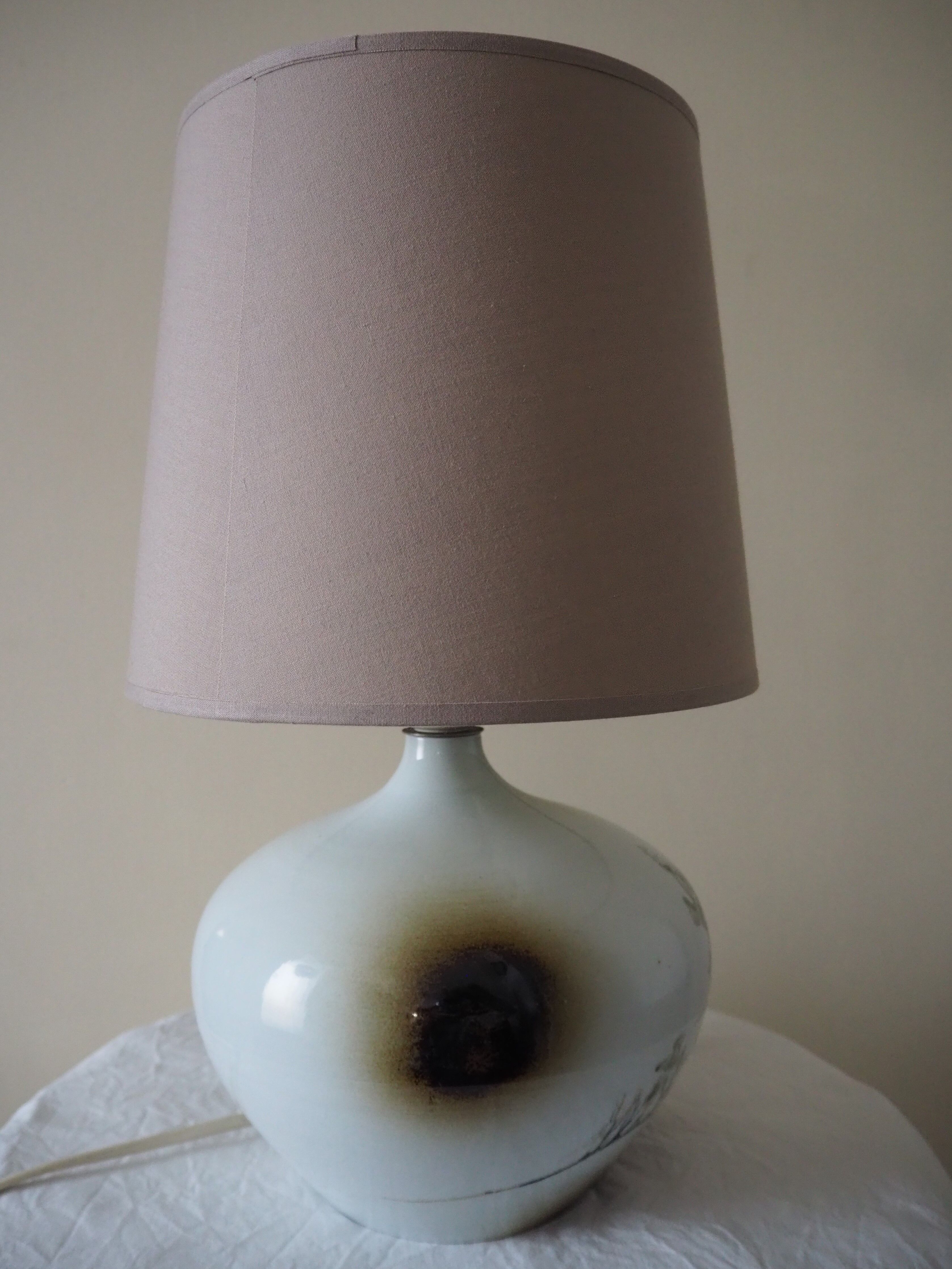 Enamelled ceramic ball lamp signed bossis and fabric lampshade