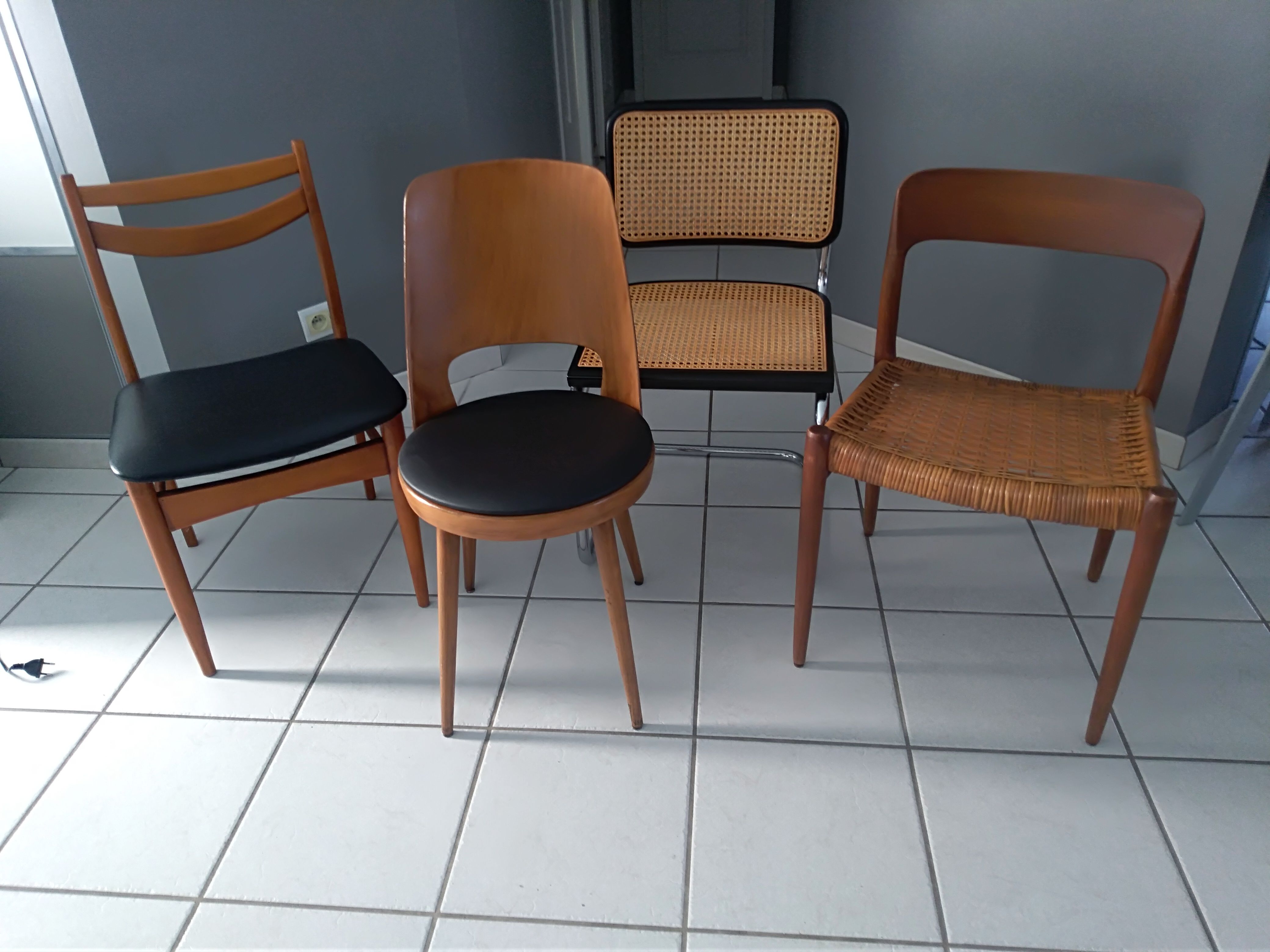 Suite of 4 mismatched vintage chairs Marcel Breuer, niels Otto Miller, Baumann Mondor and Samcom