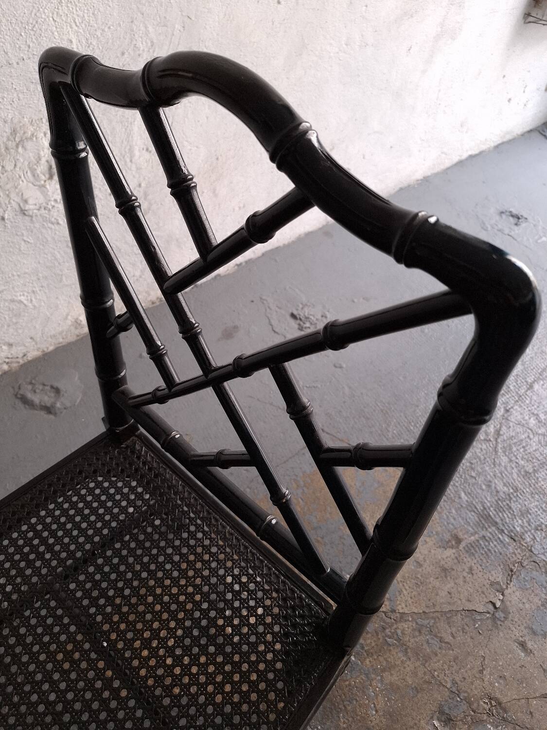 Black lacquered chair, faux bamboo, Chippendale, Jonathan Adler