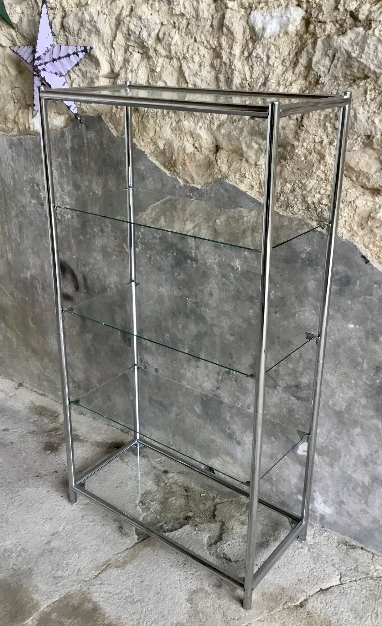 Shelf on chromed metal legs and glass tops 1970