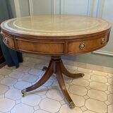 Table tambour 1900  merisier cuir et laiton